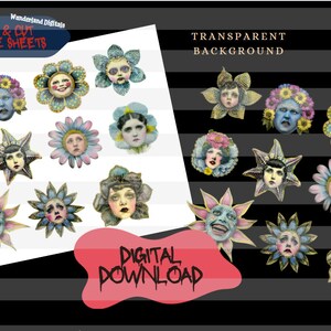 whimsical flower girls, digital Collage Sheet clipart Fussy Cut Images, junk journaling ephemera transparent background png, doll part head