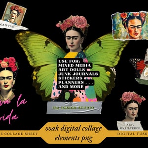 Frida Kahlo inspired assemblages Mixed Media Clipart fussy cut Png Elements Printable digital Collage Sheet Images junk journal ephemera