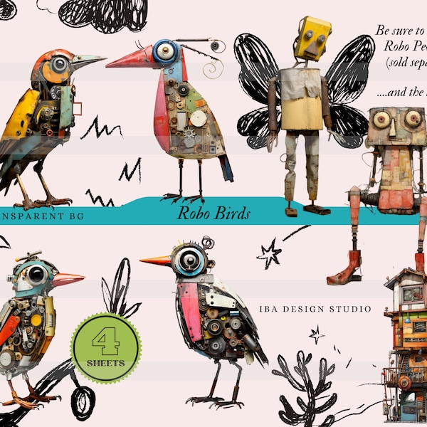 Mixed Media Robot Bird Graphics, Weird Whimsical Clipart fussy cut Png Elements Printable digital Collage Sheet Images junk journal ephemera