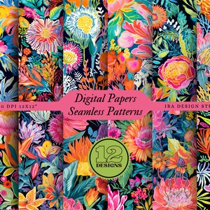 May include: A set of 12 digital papers featuring vibrant floral patterns in a variety of colors, including pink, orange, yellow, and blue. The patterns are seamless and can be used for a variety of creative projects. 300 DPI 12x12"