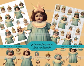 diy doll making vintage girls, digital Collage Sheet retro clipart Fussy Cut Images, junk journaling ephemera diy paper doll heads ornaments