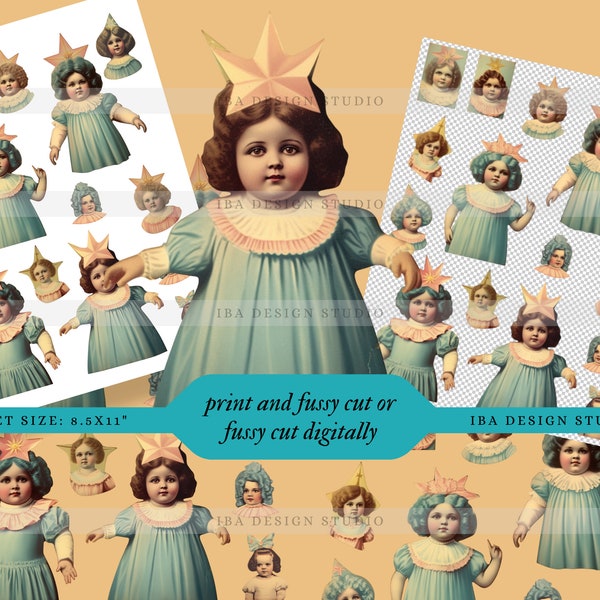 diy doll making vintage girls, digital Collage Sheet retro clipart Fussy Cut Images, junk journaling ephemera diy paper doll heads ornaments