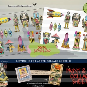 May include: A digital collage sheet with whimsical illustrations of fairies, rockets, mushrooms, and other fantastical creatures. The sheet is designed for printing and cutting out the individual elements for crafting projects.