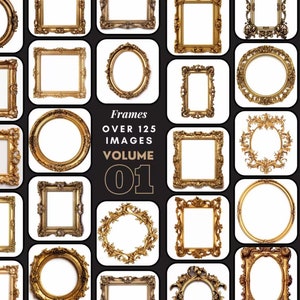 May include: A collage of over 125 gold-toned picture frames with ornate designs. The frames are arranged in a grid pattern on a black background. The text "Frames Over 125 Images Volume 01" is displayed in the center of the image.