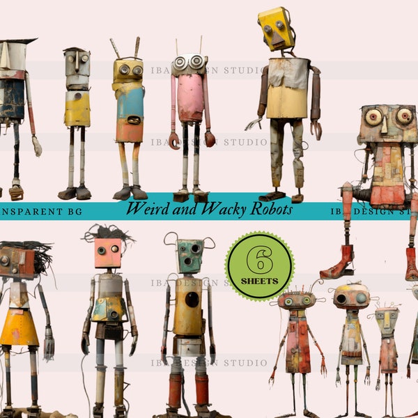6 Sheets - Mixed Media Robot people Graphics, Weird Whimsical Clipart fussy cut Png Elements Printable digital Collage Images junk journal