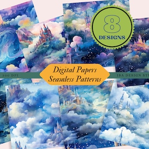8 castle in the sky Seamless Patterns Digital Paper Download, whimsical fairytale graphics, digital clipart, junk journal pages boy girl