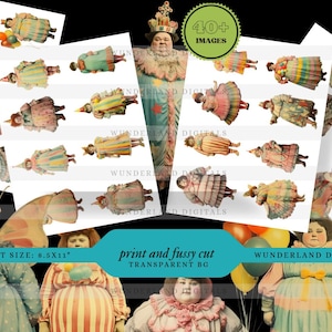 Chubby clown Party Girls Vintage Digital clipart Ephemera, Junk Journal Women Fussy Cut Printable collage sheets character png ladies