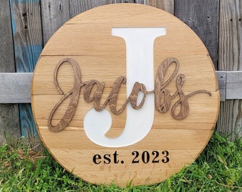 Personalized Bourbon Barrel Lid Sign: Rustic Family Name & State Art