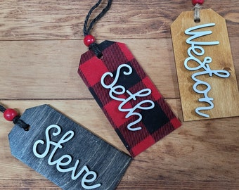 Personalized Christmas Stocking Tag: Farmhouse Wooden Name Ornament