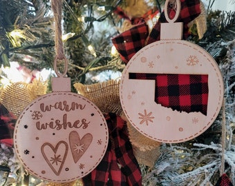 Personalized State Buffalo Plaid Christmas Ornament: Engraved Home Wooden Ornament