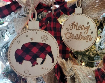 Personalized Buffalo Plaid Christmas Ornament: Engraved Wooden Bison Cutout