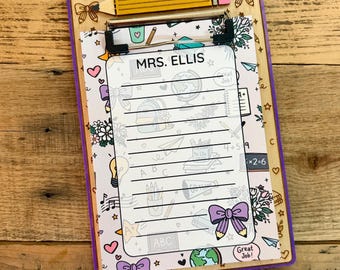 Personalized Teacher Clipboard Notepad: 5x7 Doodle Design, Wooden Clipboard for Gifts Handmade Custom Stationary