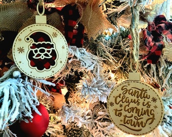 Personalized Santa Claus Buffalo Plaid Christmas Ornament: Engraved Cutout