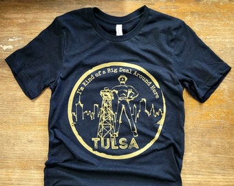 Golden Driller Tulsa Skyline Tee - Hand-Drawn Bella+Canvas Shirt