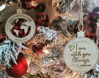 Wood Buffalo Plaid Globe Ornament, Engraved Christian "The Great Commission" Christmas Gift