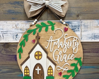 Handmade Grace Church Door Hanger, Layered Wood Sign, Country Christian Decor