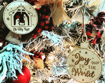 Wood Buffalo Plaid Nativity Scene Ornament: Rustic Christian Christmas Decor