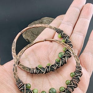 Agate Stone Ear Weights Large Rustic Ear Hoops 10 gauge Earrings Copper Hoop  Boho Earrings Lightweight