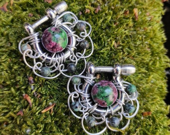 10 gauge Stone Ear Weights Tunnel Earrings Ruby zoisite stone earrings