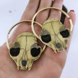 Skull Earrings / Brass  Hoops / 10 gauge Ear weights / Spooky Earrings /  Animal Skull Earrings