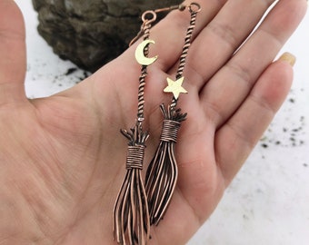 Witch Broomstick Earrings Halloween Earrings Celestial Earrings