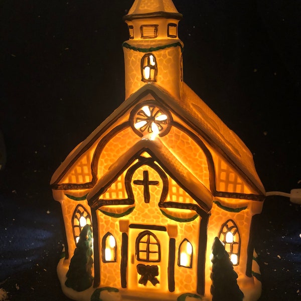 Glazed Porcelain Lighted House Southwestern Chapel Illuminated Christmas Village Church Wedding Chapel