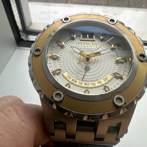 Men's Invicta Reserve Specialty Watch Gold Plated Subaqua #10095 Silver Dial 52mm Black Leather Band Swiss Quartz Movement MSRP 2295 dollars