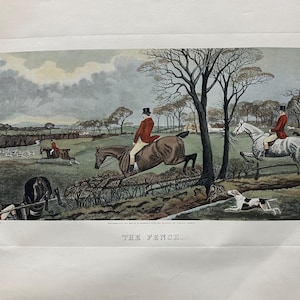 Fox Hunt Print “THE FENCE” Artist T.N.H. Walsh Signature 1884 Engraved by CR Stock, London English Equestrian Art Galloping Horse & Hound