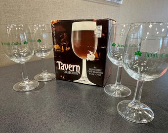 Royal Leerdam Holland Tavern Collection Irish Coffee Boxed Set of 4 Glasses 8.5 Oz Vintage Irish Cloverleaf Stemware Home Bar Imported Glass
