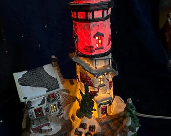 Christmas Village Lighthouse W/Keeper’s Cottage Coastal Noel Village Decor  Maritime Large Hand Painted Porcelain Lighted Building