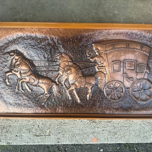 Vintage Horse-Drawn Victorian Carriage Metal Copper Relief Framed Wall Art Decor Copper Driving Horse Art Metalcraft Art Equine Art