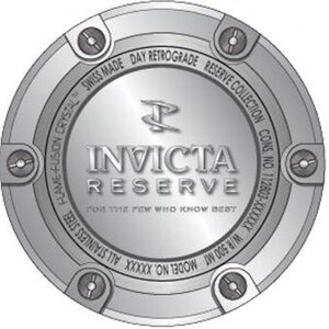 May include: Silver watch case back with the text "INVICTA RESERVE" and "FOR THE FEW WHO KNOW BEST". The case back also features the text "SWISS MADE DAY RETROGRADE RESERVE COLLECTION" and "MODEL NO. XXXXXX W/R 500 MT".