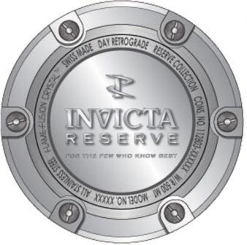 May include: Silver watch case back with the text "INVICTA RESERVE" and "FOR THE FEW WHO KNOW BEST". The case back also features the text "SWISS MADE DAY RETROGRADE RESERVE COLLECTION" and "MODEL NO. XXXXXX W/R 500 MT".
