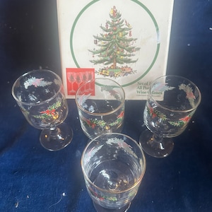 Set of Four Spode Christmas Tree All Purpose Wine Glasses Square Shape Stem Base Vintage Christmas Glassware Holiday Barware