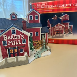 Christmas Village Bakery LEMAX BAKER&#39;S MILL Retired Porcelain Lighted House Caldor “Share the Joy” Deluxe Village Square Collectibles Series