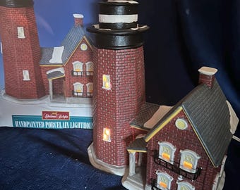 Christmas Delights Lighthouse W/Keeper’s Cottage Coastal Christmas Village Decor Noel Maritime Large Hand Painted Porcelain Lighted Building