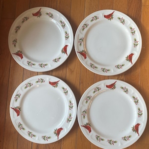 Greenbriar International / Gibson Winter Bird / Holly 10-Zoll-Teller-Set 4 Weihnachtskardinal Geschirr Ersatz Urlaub Steinzeug Vogel