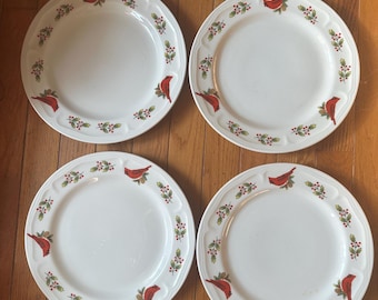 Greenbriar International/Gibson Winter Bird/Holly 10” Dinner Plate Set of 4 Christmas Cardinal Dinnerware Replacement Holiday Stoneware Bird