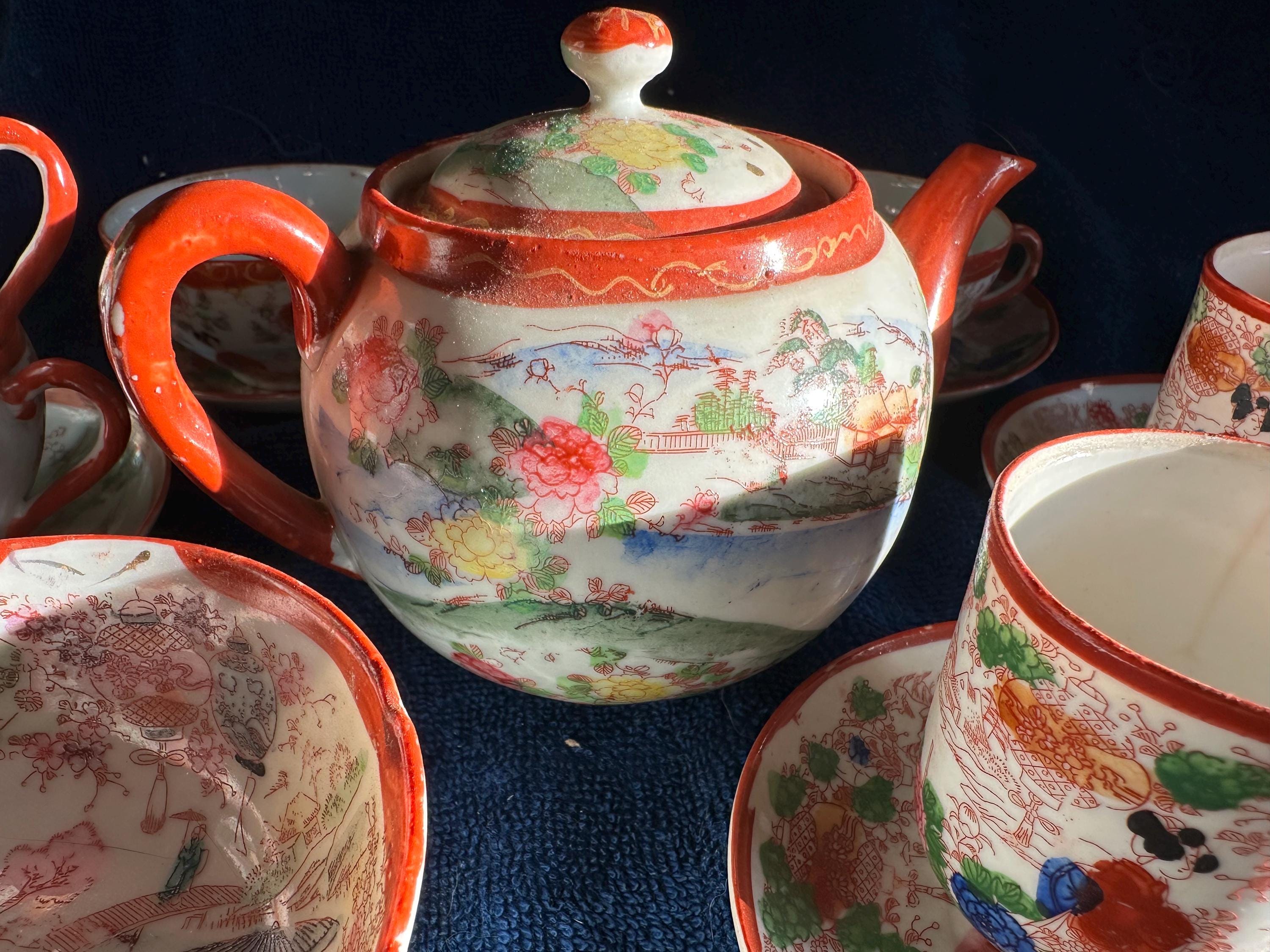 Vintage Japanese Geisha Girls Porcelain Tea Set 13 Pcs. Tea Pot