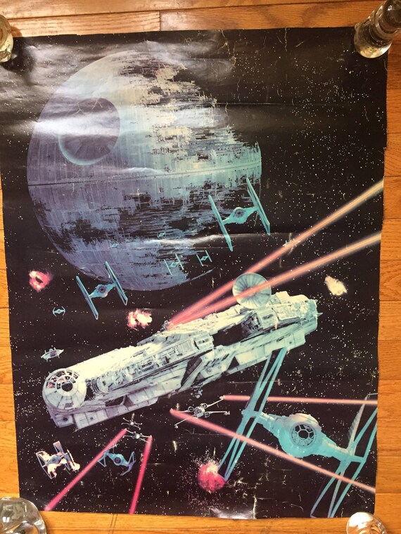 Vintage Star Wars Death Star Battle Poster Millenium Falcon Etsy