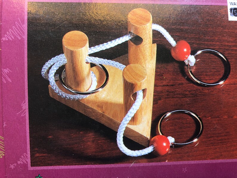 Vintage Wooden Mind Teaser Game Brain Teaser Puzzle Wood and Nylon