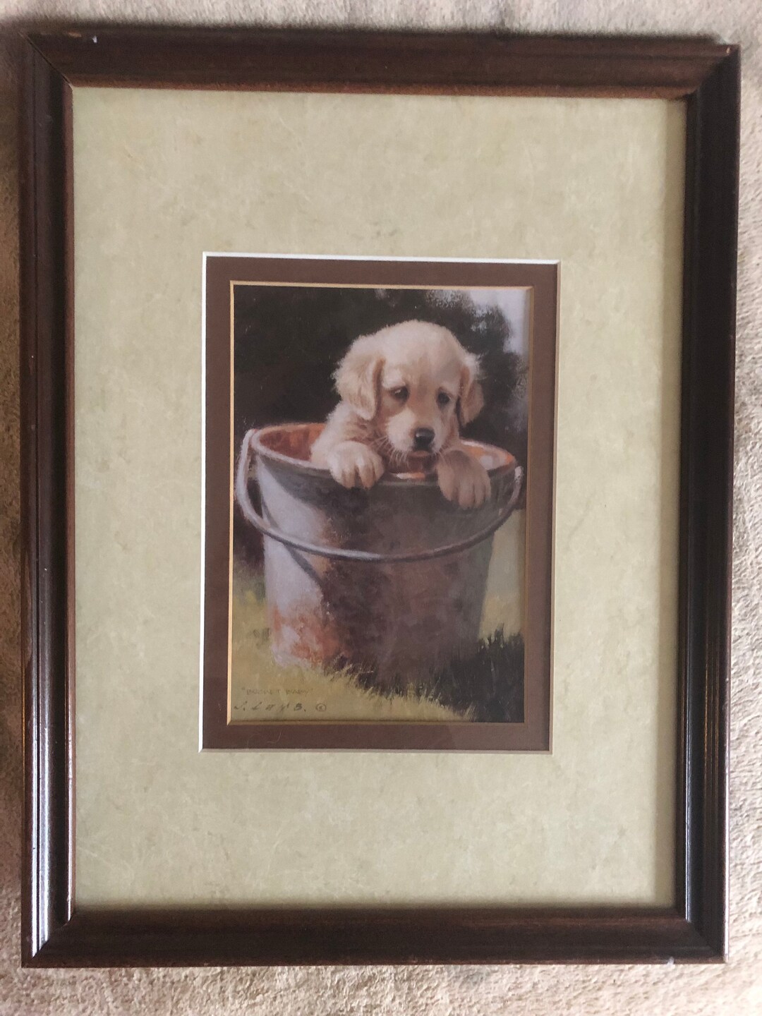 Jim Lamb Art Print bucket Baby Signed Golden Retriever Puppy Print Matted & Framed Dog Lover