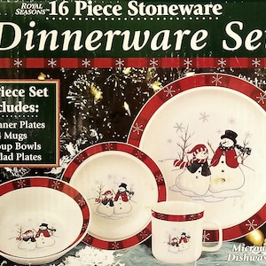 ROYAL SEASONS Stoneware Snowman 16-Piece Dinnerware Dishes Set Christmas Holiday Dinnerware Replacement Snowman Set NIB Holiday Table Decor