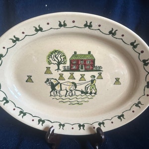 METLOX Poppytrail “Homestead Provincial” Oval Serving Platter 13” Plow Horse Scene Vintage California Pottery Art Plate METLOX Dinnerware
