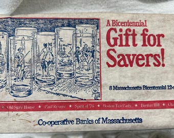1976 Massachusetts Revolutionary War Bicentennial Glass Set of 8 Weighted Bottom High Ball Tumblers BICENTENNIAL BARWARE Paul Revere NIB
