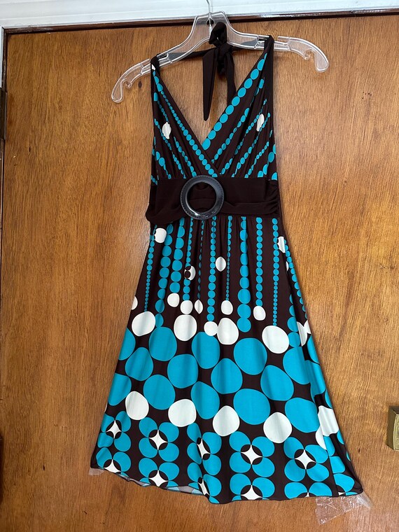 Charlotte Russe Halter Dress Black/Aqua O Accent Band Geometric Print Open Back Sundress Summer Party Dress Size Medium Charlotte Russe Halter Dress Black/Aqua O Accent Band Geometric Print Open Back Sundress Summer Party Dress Size Medium