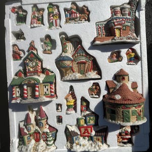 Lighted Porcelain Christmas Village 20 Piece Set Mercuries USA 6 Houses 14 Noel Village Accessory Figures Vintage 1993 Cord, Lights Included
