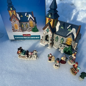 Christmas Delights Hand Painted Porcelain Lighted House Christmas Village Church & 7 Accessory Pieces Sleigh Horse and Choir Singers