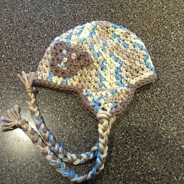 Baby Hat - Teddy Bear -Ear Flaps - Blue Camo with Brown Trim - Newborn - Ready to Ship