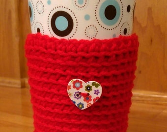 Coffee Cozy - Cup Cozy - Coffee Collar - Coffee Cup Holder - Crochet Cozy - Red and White- Valentine Coffee Cozy - Ready to Ship - #73